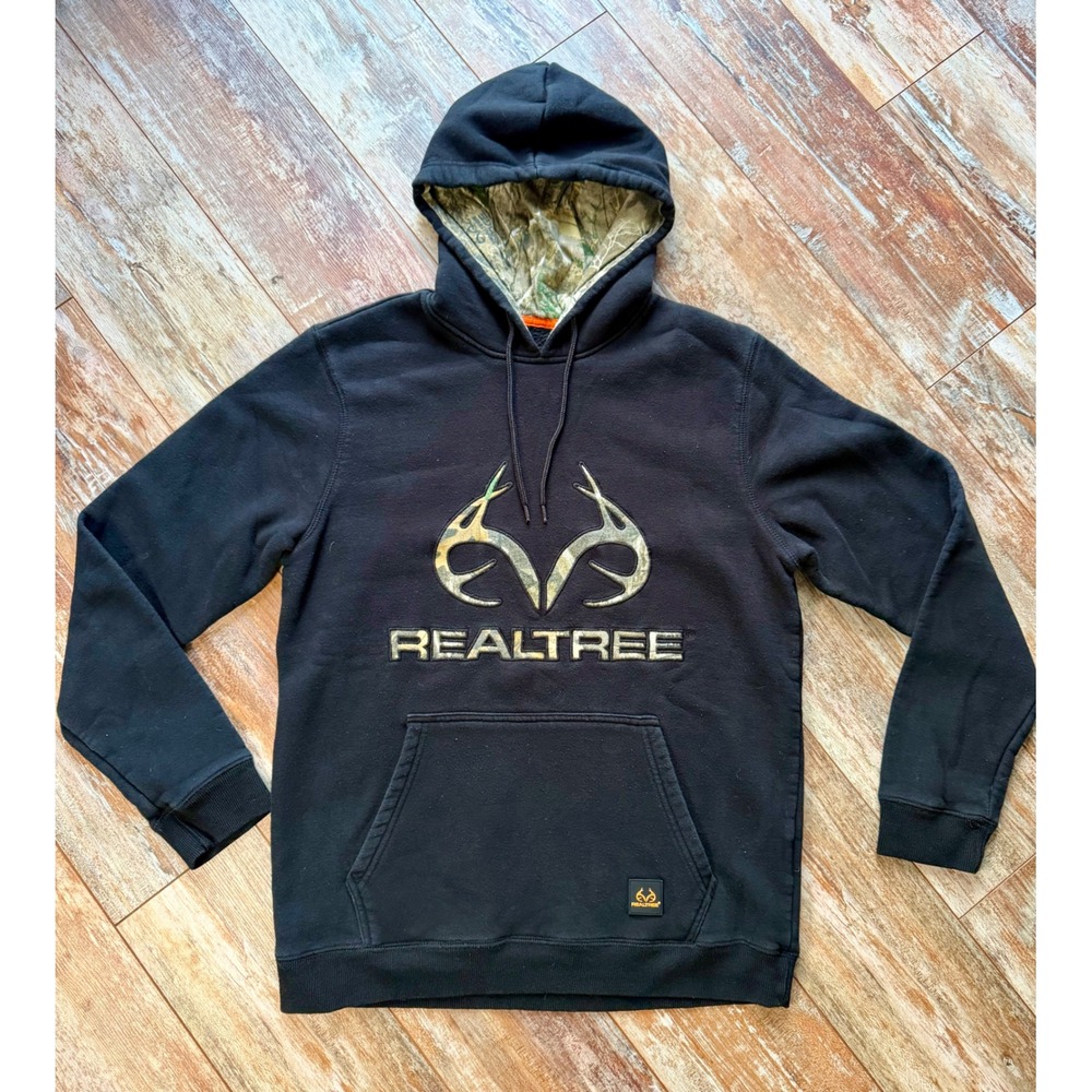 Realtree Mens M Black Hoodie Camo Logo Hunting Pullover ParBoston Traders